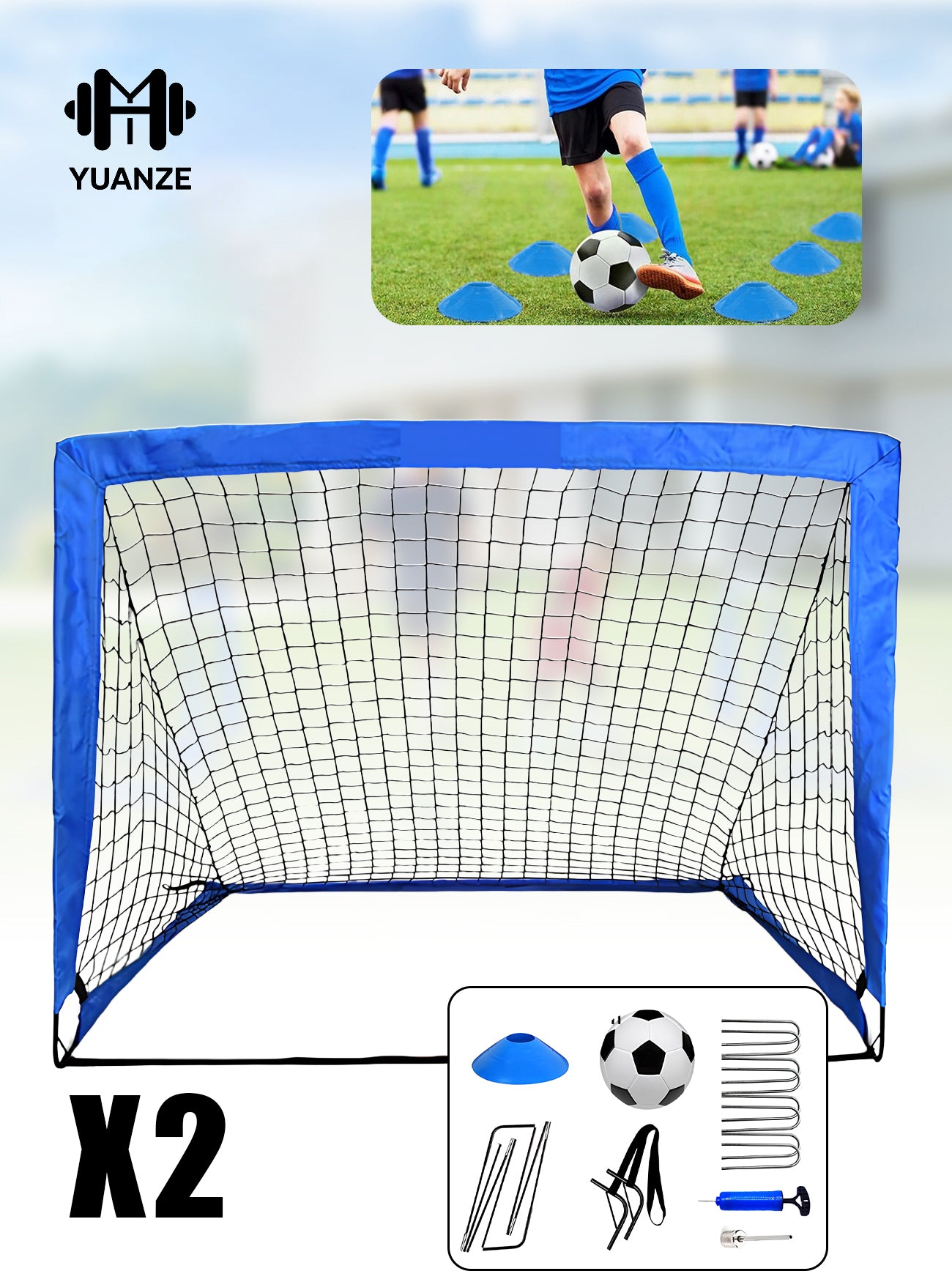 2-Pack Portable Soccer Goals with Carry Bag, Suitable for Backyard, Indoor and Outdoor Use, for Toddlers, Youth and Adults - Blue